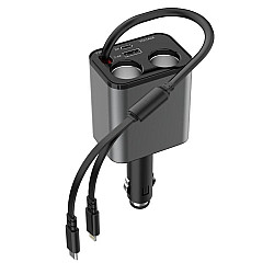 120W 1 To 2 Retractable USB Car Fast Charging Charger With Cigarette Lighter(8 Pin+TYPE-C)