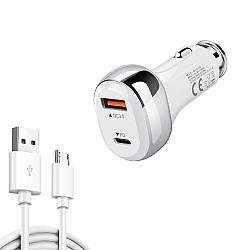 YSY-312PD QC3.0 18W USB + PD 20W USB-C / Type-C Car Charger with USB to Micro USB Data Cable(White)