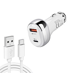 YSY-312PD QC3.0 18W USB + PD 20W USB-C / Type-C Car Charger with USB to USB-C / Type-C Data Cable(White)