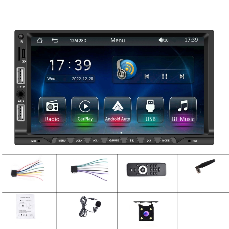 7-inch Double Din Car MP5 Player Support CarPlay/Android Auto/Mirror Link/Bluetooth With 4-light Camera